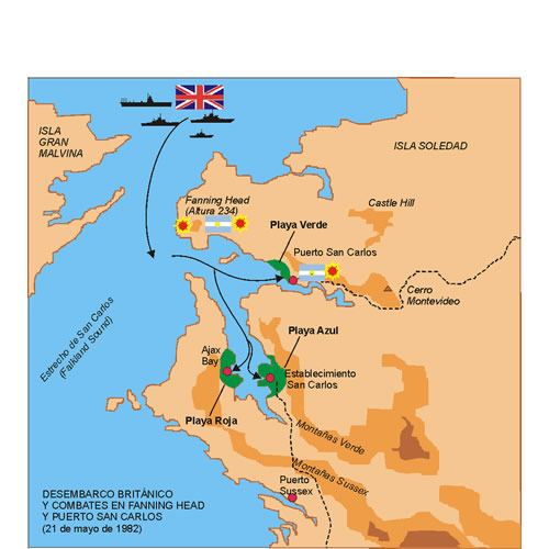 Mapa de la costa de Isla Soledad donde se produjo el desembarco inglés (21-05-1982). Plan de desembarco, posiciones argentinas y combates.